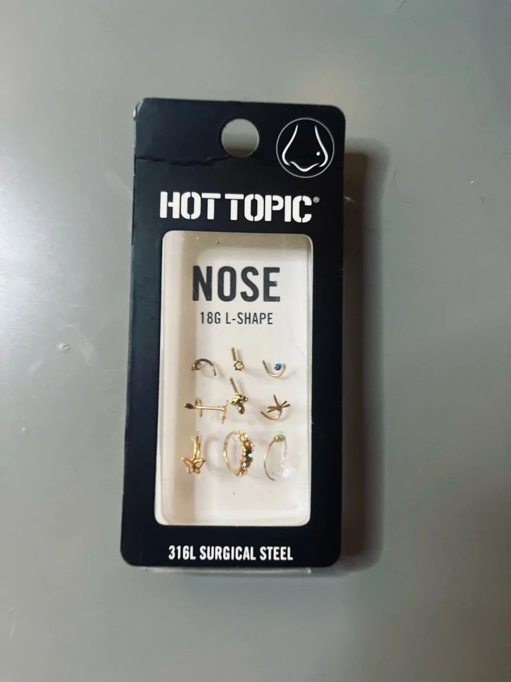 Hot Topic Nose Stud Set 9 Pack 18G L-Shape Gold Butterfly Mushroom NWT